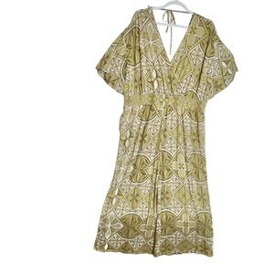 Tanoa Womens 4X Jumpsuit Olive Green Geometric Polynesian Print Wide Leg V-Neck